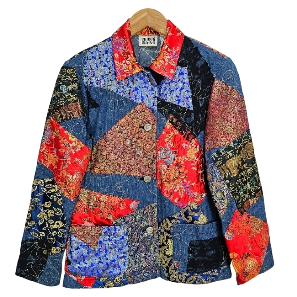 Chicos Patchwork Denim Jacket Womens Size Small Boho Jacquard Festival Vintage - Picture 6 of 16